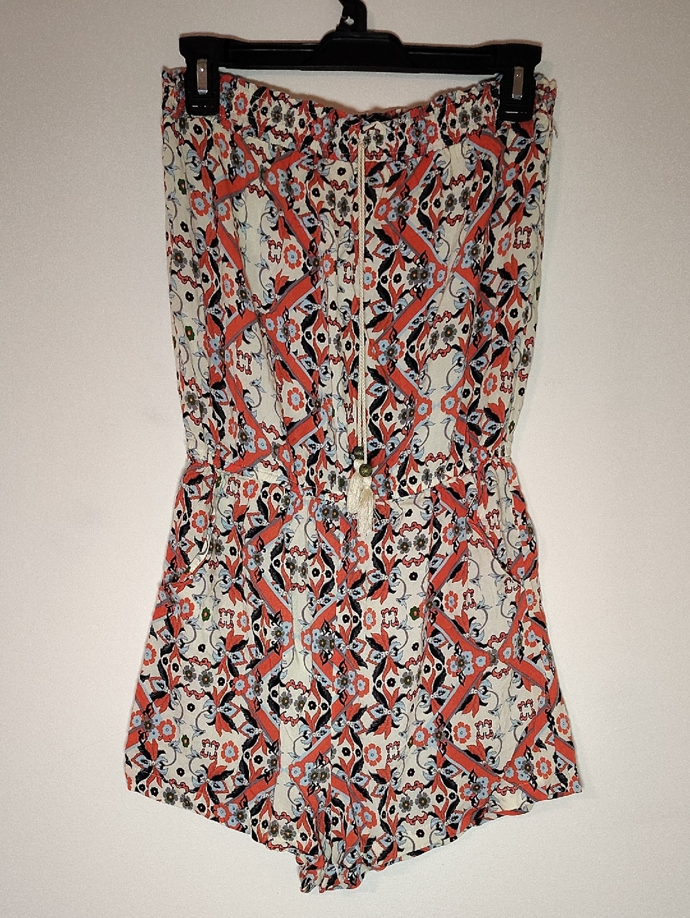 Rue21 Coral, Cream and Light Blue Floral Strapless Romper